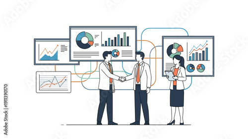 Group of business professionals shakes hands while discussing multiple digital screens showing detailed financial growth and market charts.