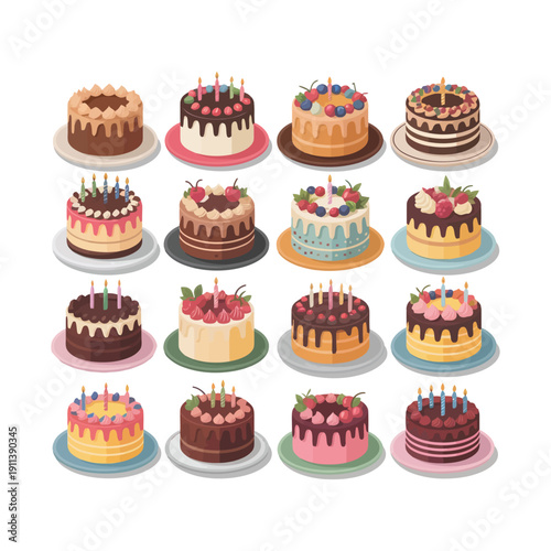 Variety of decorated celebration cakes flat vector bundle isolated on light background