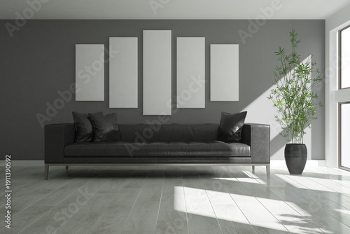 modern room with black leather sofa, white frames and plant in black flowerpot interior design. 3D illustration