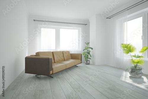 modern room with sofa, curtains and plant interior design. 3D illustration