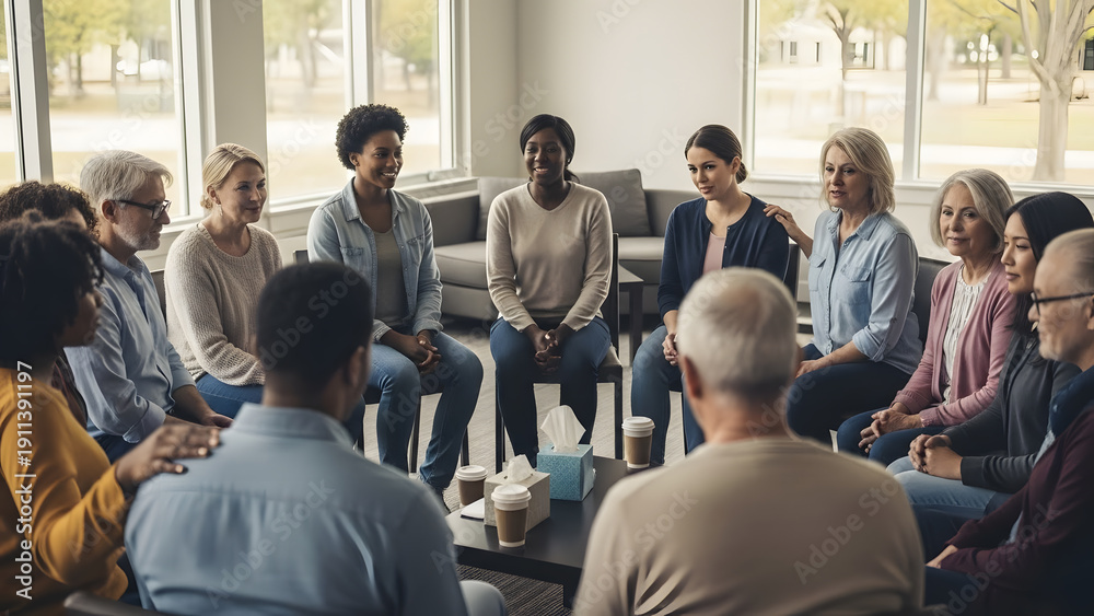 Obraz premium A multicultural group of people sitting in a circle for a therapy session or community meeting in a bright room
