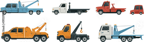 Tow truck and recovery vehicle illustration set with flatbed carriers, wreckers and roadside assistance transport vector collection