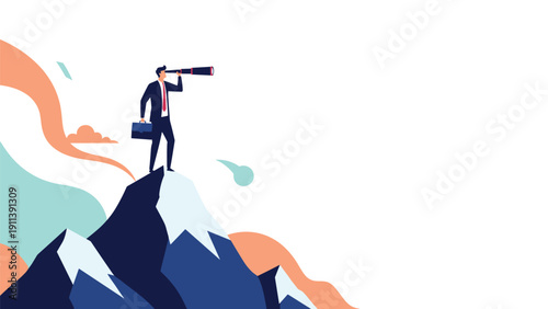 Visionary businessman standing on a mountain peak using a telescope to search for future opportunities and market trends.