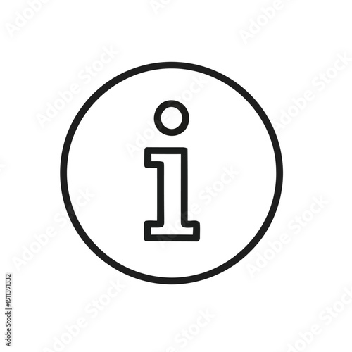 Information icon featuring a lowercase letter i enclosed within a solid circle outline against a white background.