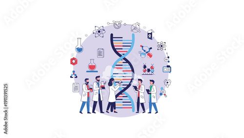 Research team conducting genetic studies and experiments around a large DNA helix model in a modern laboratory.