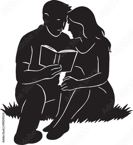 Silhouette of a Couple sit on grass field and reading a book in romantically in black and white silhouette vector with transparent background 