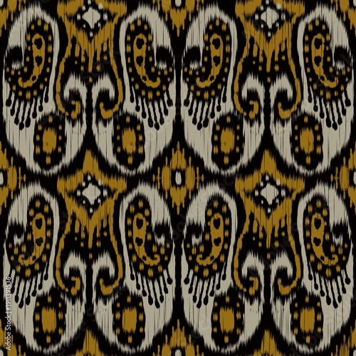 Abstract ikat paisley tribal pattern. Illustration Uzbek ikat paisley adras style seamless pattern. Ethnic central asia pattern use for fabric, textile, home decoration elements, upholstery, etc.
