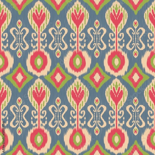 Abstract ethnic floral ikat pattern. Illustration Uzbek ikat ethnic floral seamless pattern on textured background. Bohemian ikat pattern use for fabric, textile, home decoration elements, upholstery.