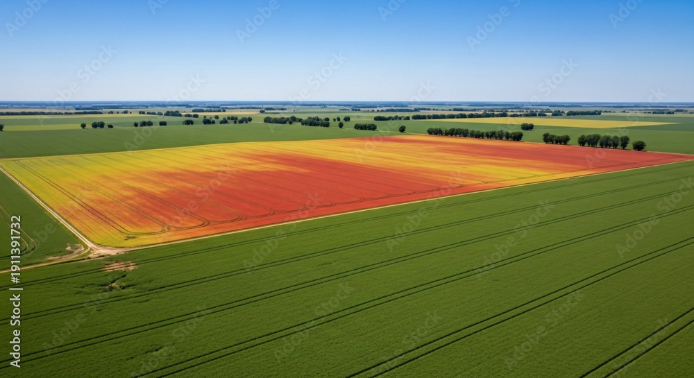 Obraz premium Aerial view of a field with a distinct red and green pattern created by crops.