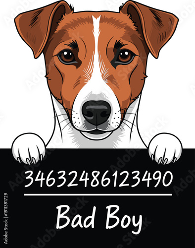Cute dog mugshot illustration, funny pet holding number board bad boy concept cartoon animal character vector isolated design