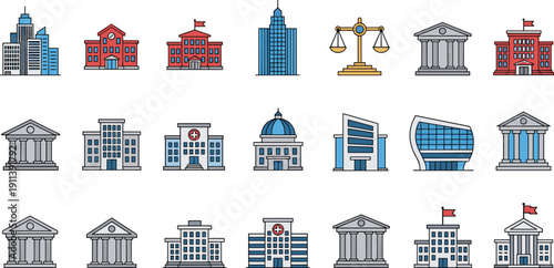 Government public buildings icon set, courthouse hospital school bank city architecture collection, legal justice civic vector illustration design elements