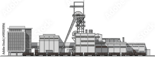 Industrial mining complex skyline with rail wagons conveyor tower factory buildings heavy industry landscape vector illustration detailed production facility scene