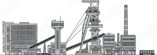 Industrial mining factory landscape with conveyor belts headframe buildings chimney heavy industry skyline engineering vector illustration detailed production facility scene