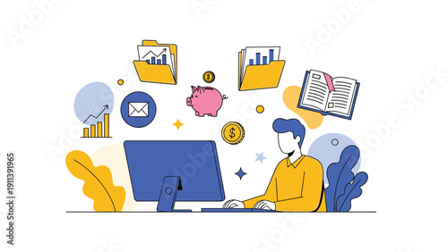 Financial professional works on a computer surrounded by floating icons of piggy banks, coins, and growth charts representing wealth management.