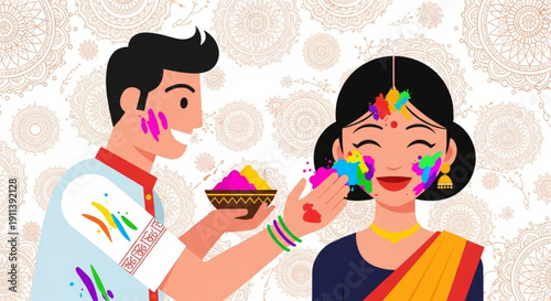 Couple celebrating Holi festival with colorful powder traditional Indian attire and festive background vector illustration