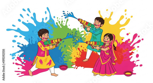 Children playing Holi festival with colorful water guns celebrating Indian culture and tradition isolated on white background