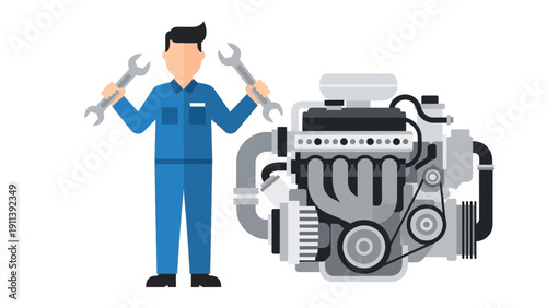 Mechanic holding wrenches next to engine illustration