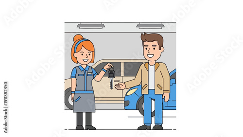 Car dealership exchange: happy customer receiving car keys in animated style