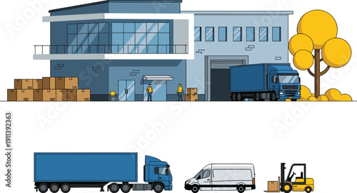 Warehouse logistics distribution center with delivery truck van forklift cargo boxes industrial building supply chain transportation vector illustration modern facility