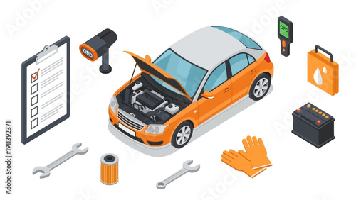 Isometric car maintenance tools and equipment for vehicle service and repair
