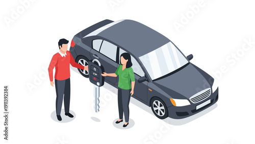 Car purchase concept with people exchanging car keys in isometric design