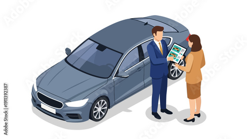 Business deal and car purchase interaction with digital tablet in isometric style