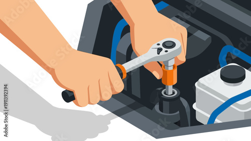 Mechanic repairing engine with wrench in modern isometric design