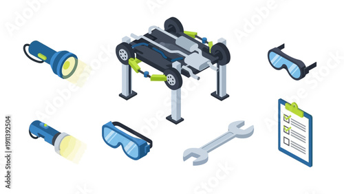 Isometric robotics workshop tools with safety equipment, flashlights, and wrench