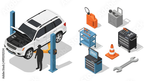 Isometric car repair scene with tools and equipment in a garage setting