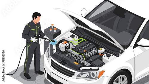 Mechanic charging electric car with open hood in garage workshop