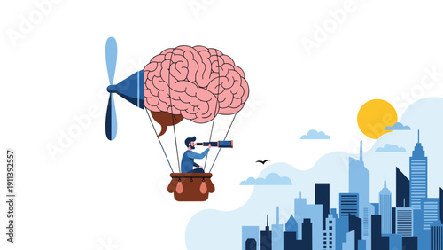 Creative thinker explores a city from a brain shaped hot air balloon using a telescope to symbolize vision and strategic planning for the future.