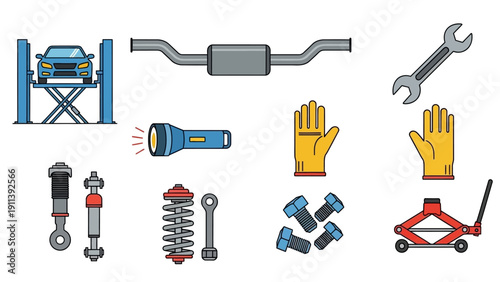 Car maintenance tools and equipment set in flat style