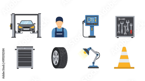 Flat car repair icons set featuring tools, equipment, and mechanics