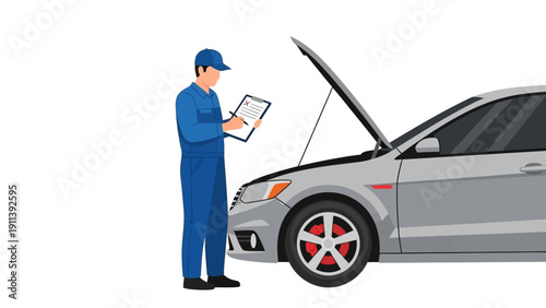 Mechanic inspecting car with open hood in flat design