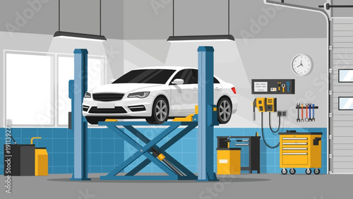 Modern car repair garage with vehicle on hydraulic lift in flat design