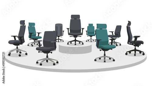 Modern ergonomic office chairs display on circular platform