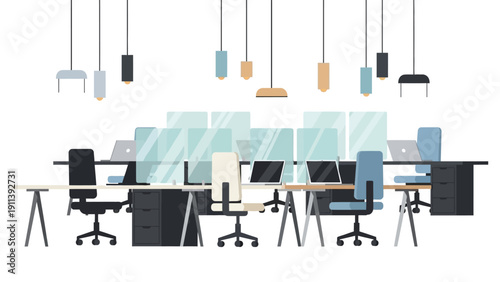 Modern office workspace with desks, chairs, and hanging lights