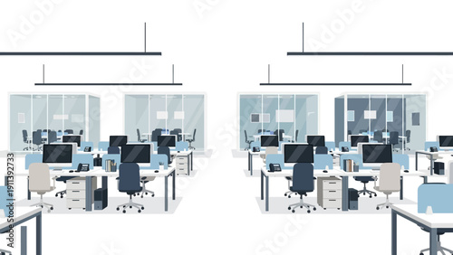 Modern open office workplace with desks and computers in minimalist style