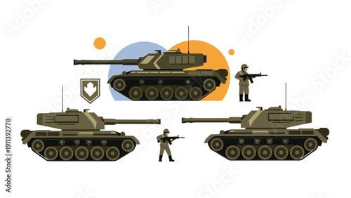 Military tanks and soldiers are shown in a flat illustration style representing armed forces, defense technology, and national security strength.