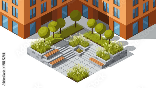 Modern urban courtyard with benches and trees in isometric style