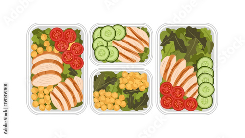 Colorful meal prep containers with grilled chicken, fresh vegetables, and chickpeas