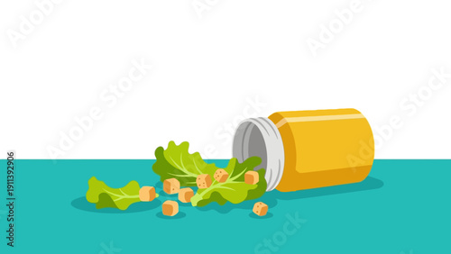 Spilled croutons with lettuce from yellow jar on teal surface