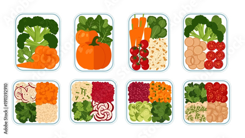 Colorful array of fresh vegetables in containers for healthy meal prep