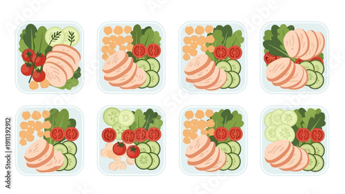 Healthy salad meal prep ideas with chicken, vegetables, and chickpeas in flat design