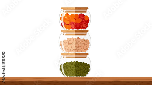 Stacked glass jars with assorted dried foods on wooden table