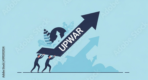 Teamwork pushing up arrow symbolizing growth and success.