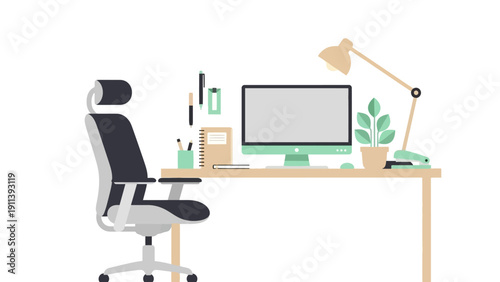 Modern home office setup with ergonomic chair and desktop display
