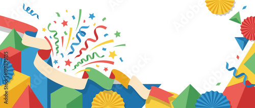 Panoramic vector banner illustration of a festive celebration with colorful confetti, streamers, ribbons, and paper fans. Abstract geometric shapes and stars with white copy space for text.
