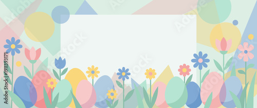 Panoramic Vector Banner Illustration of a Spring Meadow Border with Pastel Easter Eggs and Wildflowers, Abstract Geometric Background for Easter Celebration, Greeting Card, and Seasonal Promotion