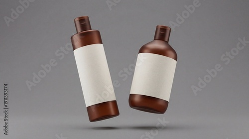 Two brown plastic cosmetic containers with labels, shampoo bottles are seen floating on a gray background in a front view 3D render mockup, a template ready for commercial branding design.
